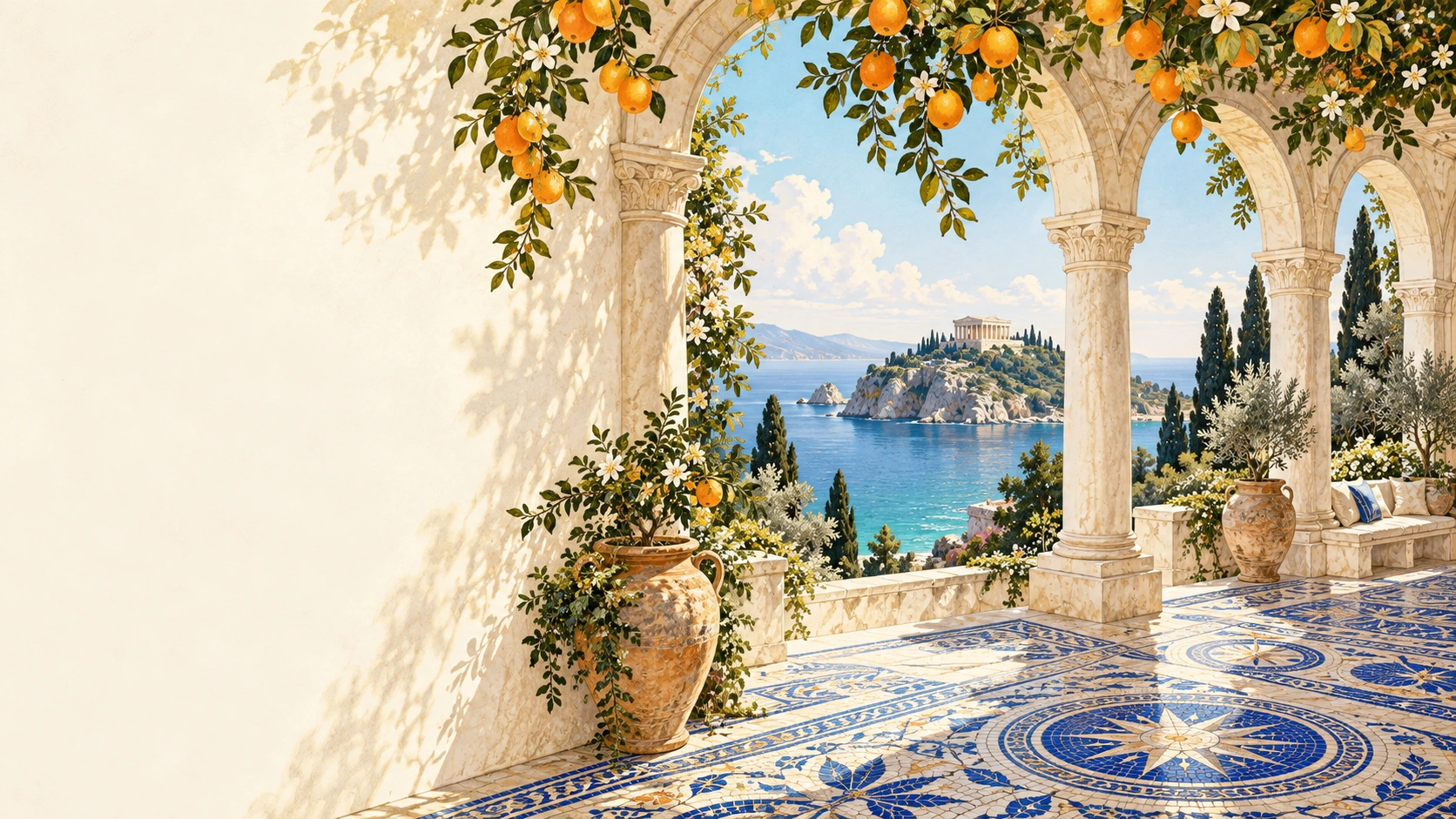 An illustrated Mediterranean terrace with classical arches, orange trees, cobalt mosaic, and a distant island temple.